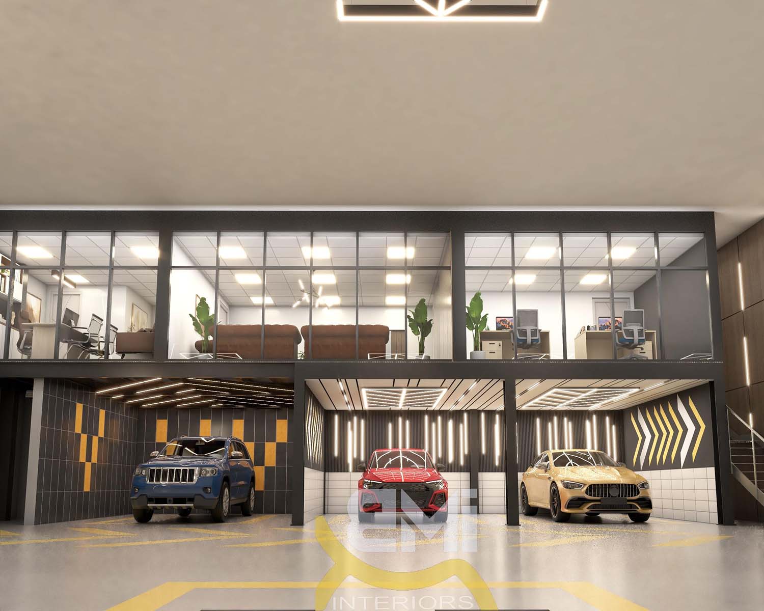 luxury car showroom interior design with glass partiton, 3 luxury cars parked in it